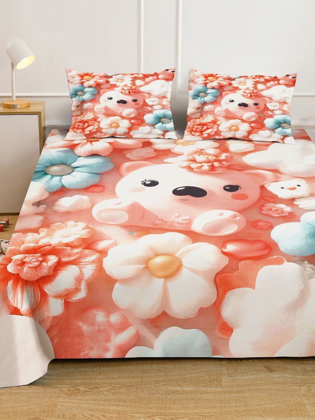 KLOTTHE Orange Cartoon Printed Fitted 400 TC Double King 7D Bedsheet With 2 Pillow Cover