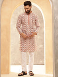 Anouk Peach Floral Embroidered Mandarin Collar Straight Kurta With Pyjamas