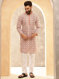 Anouk Peach Floral Embroidered Mandarin Collar Straight Kurta With Pyjamas