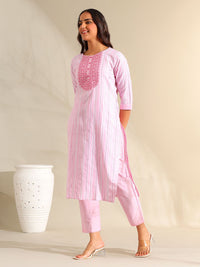 Mamicha Women Striped Regular Thread Work Pure Cotton Kurta with Trousers