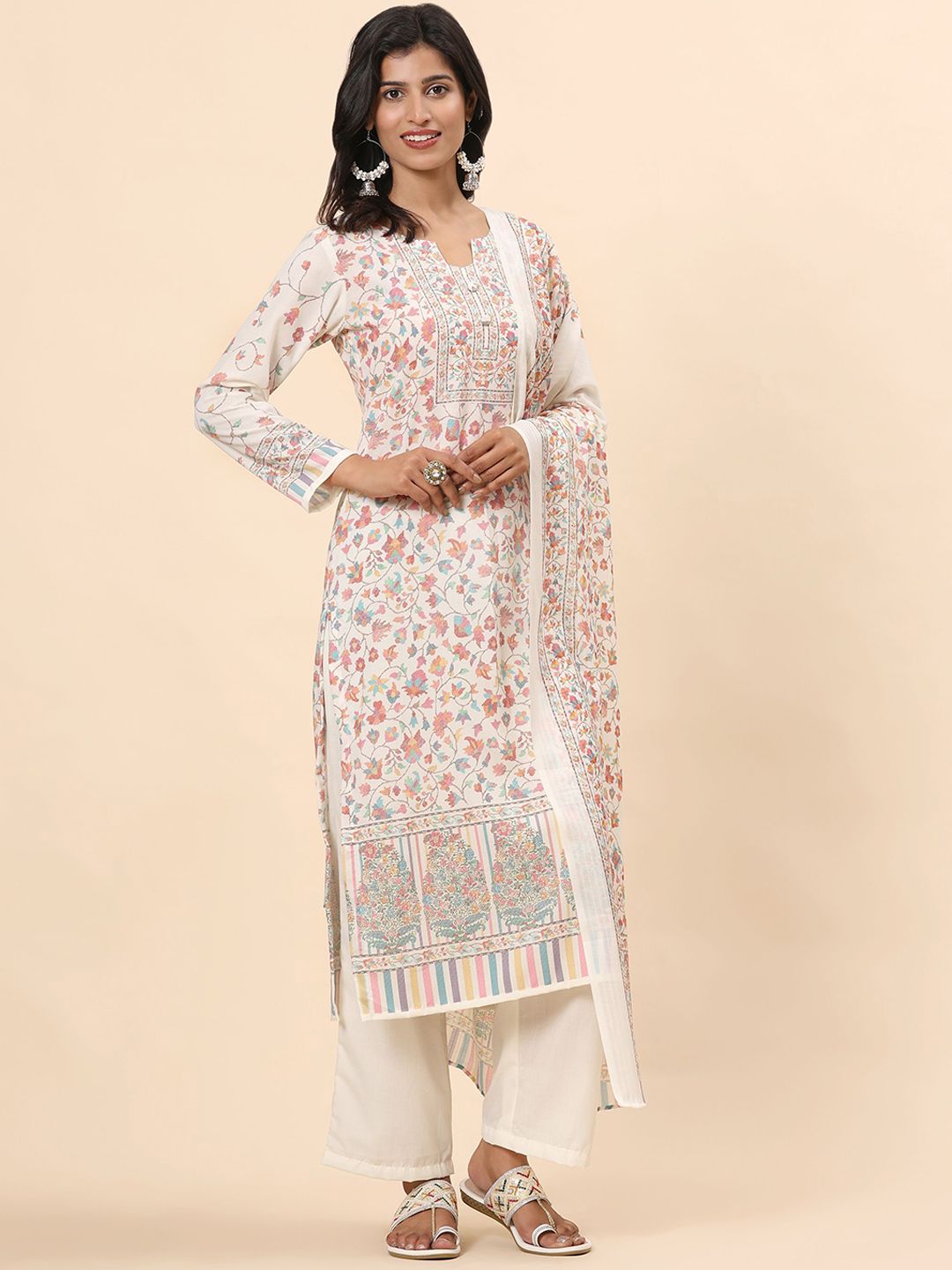Mamicha Women Ethnic Motifs Printed Regular Thread Work Pure Cotton Kurta with Palazzos & With Dupatta