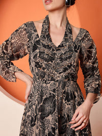 Antheaa Women Embellished Floral Printed Puff Sleeve Fit & Flare Midi Dress