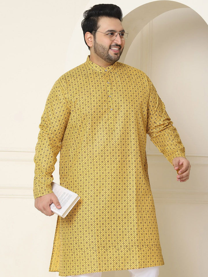SOJANYA Plus Ethnic Motifs Printed Mandarin Collar Long Sleeve Cotton Linen Straight Kurta