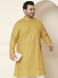SOJANYA Plus Ethnic Motifs Printed Mandarin Collar Long Sleeve Cotton Linen Straight Kurta