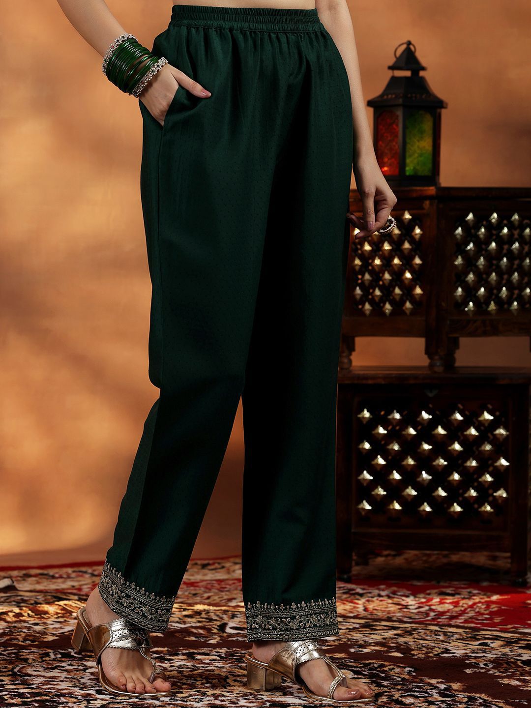 Libas Floral Yoke Design Pleated Sequinned Dobby A-Line Kurta With Palazzo & Dupatta