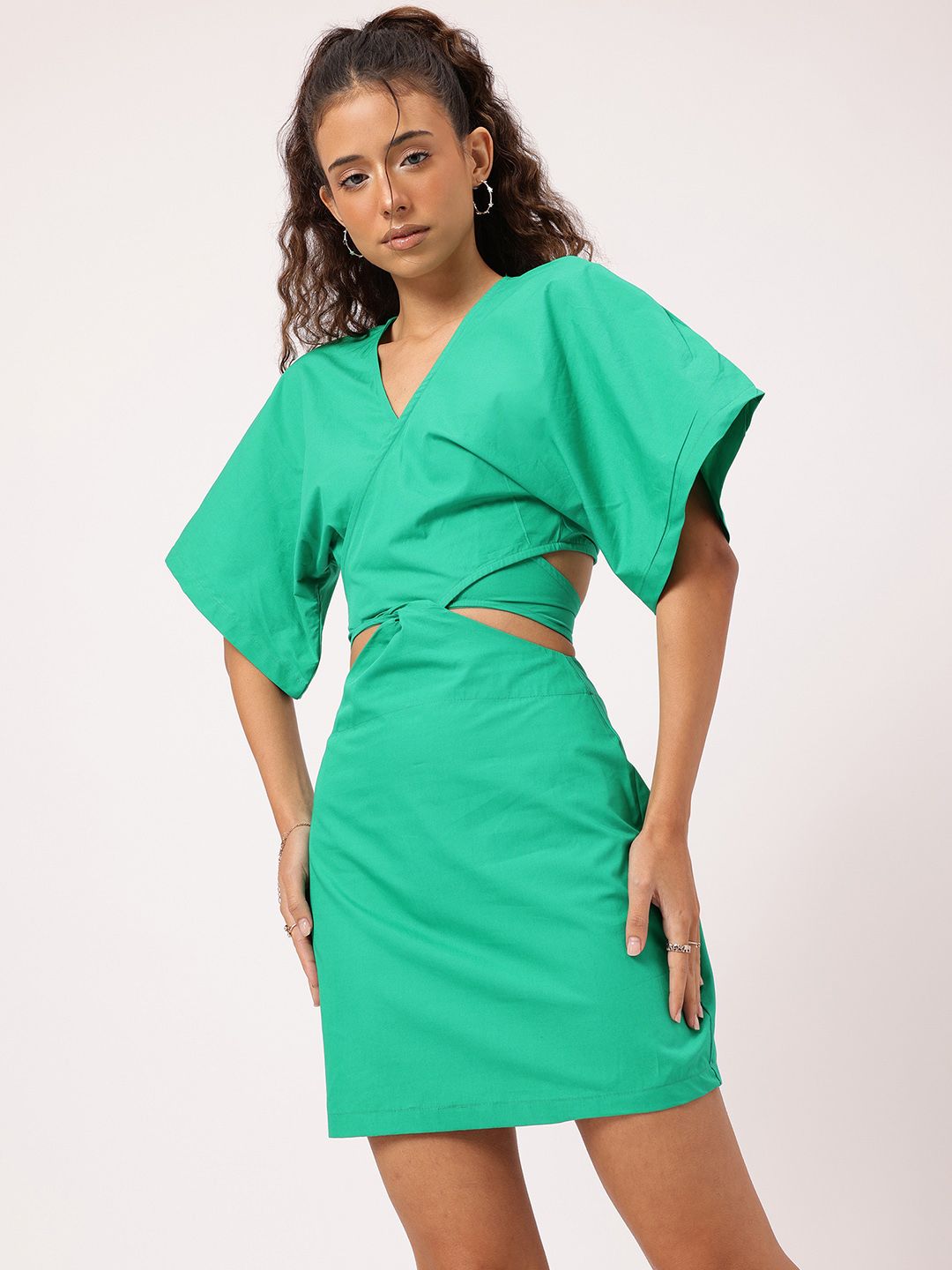 DressBerry Contemporary Flair Flared Sleeve Cut-Out Back Tie-Up Wrap Mini Dress