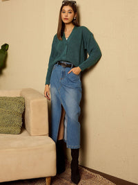 Berrylush Women Ribbed V-Neck Full Sleeve Cardigan