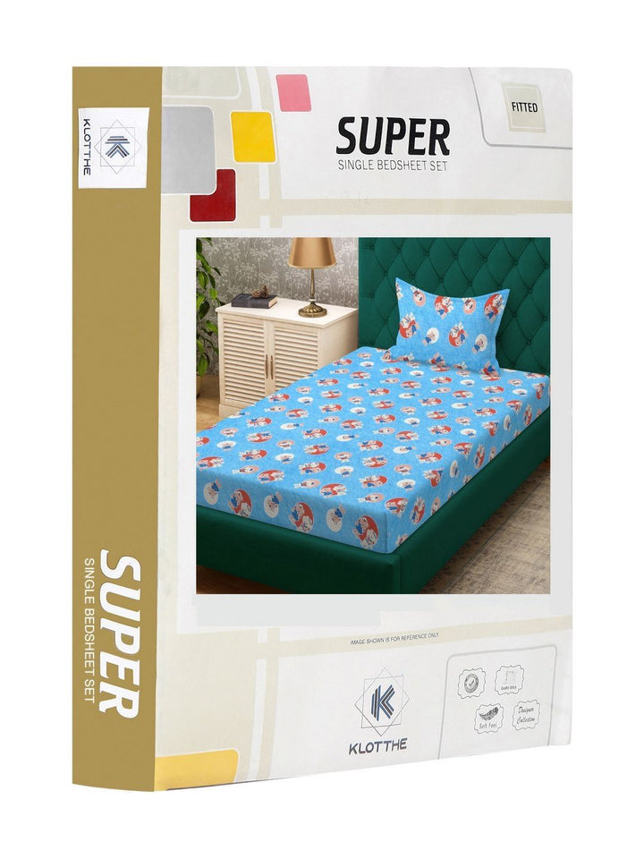 KLOTTHE Kids Blue Printed 400TC Cotton Single Bedsheet & Pillow Cover - 2.25 x 1.50 m