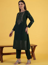 W Green Floral Embroidered Round Neck Straight Kurta With Trousers And Dupatta