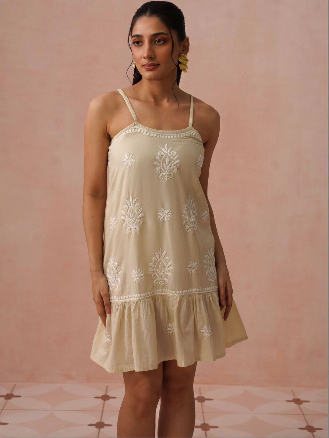 House of Chikankari Ethnic Motifs Embroidered Ruffled A-Line Dress