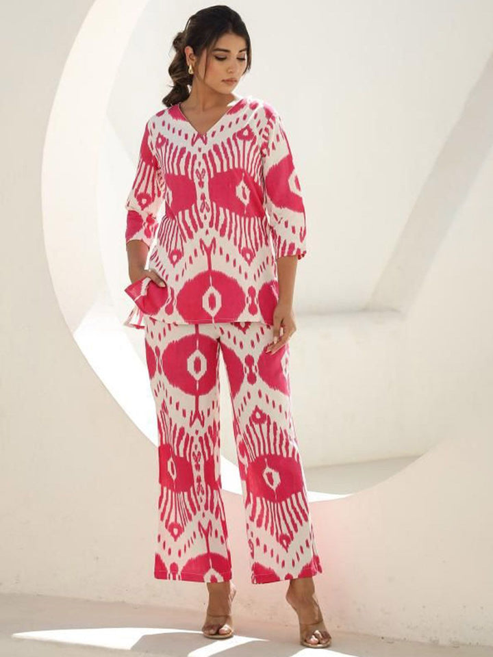 Mamicha Wanita Bercetak V-Neck Cotton Tunik dan Seluar Co-Ords