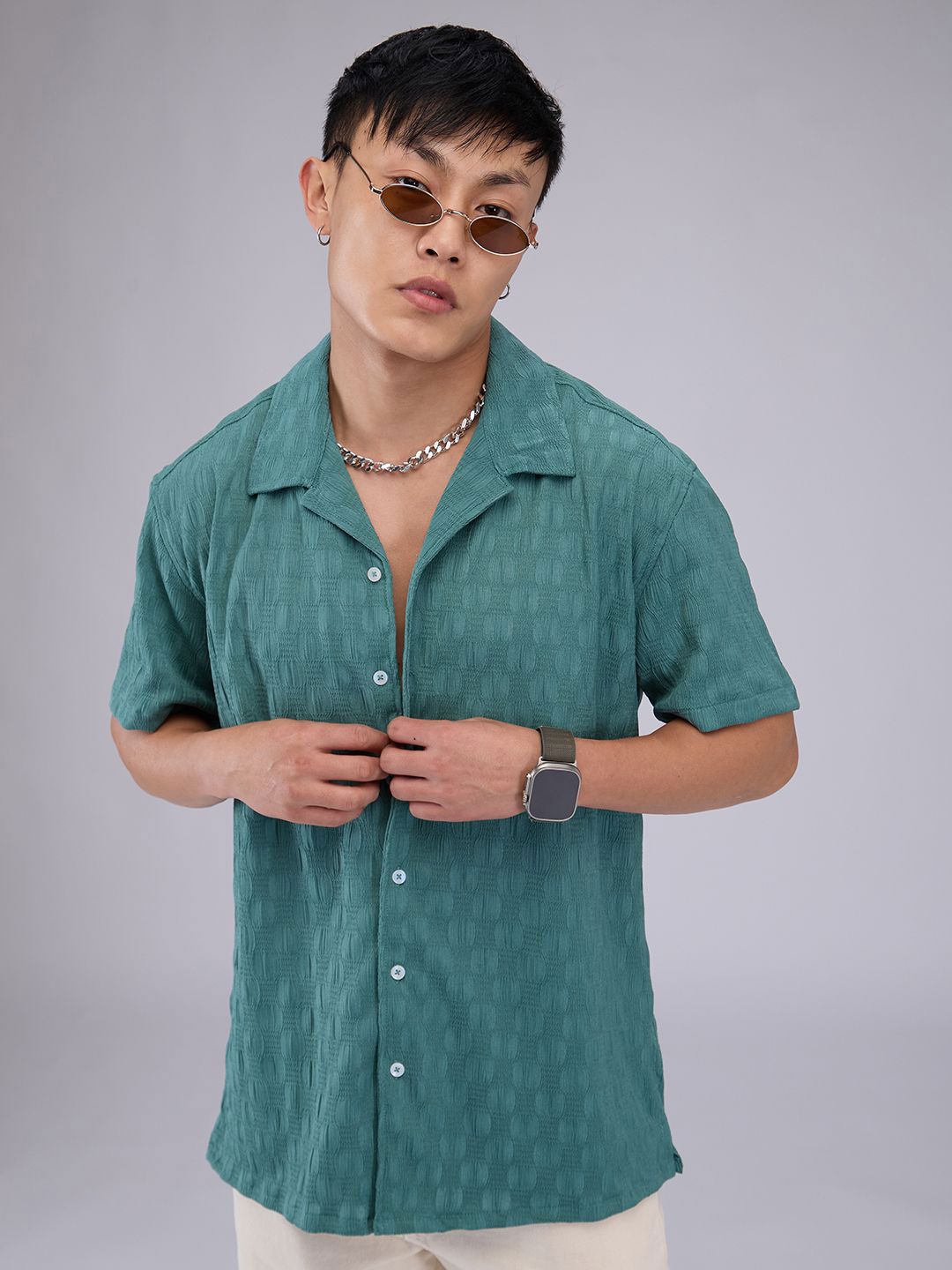 VASTRADO Men Classic Cuban Collar Textured Oversized Casual Shirt