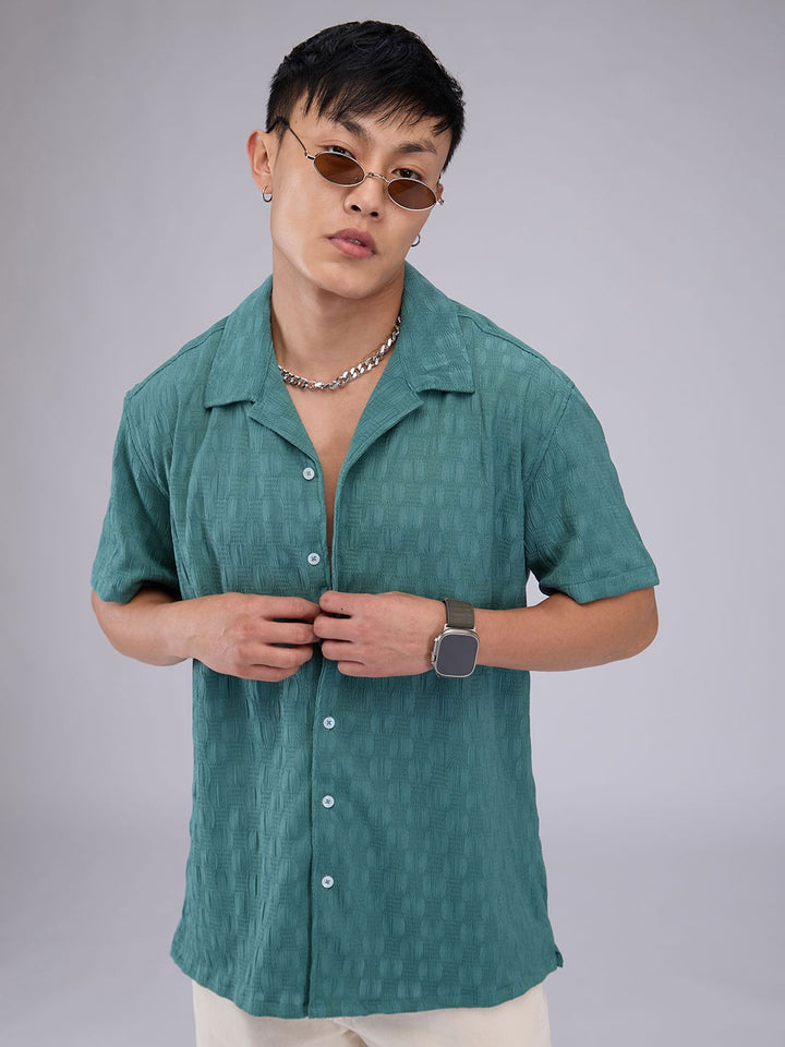 VASTRADO Men Classic Cuban Collar Textured Oversized Casual Shirt