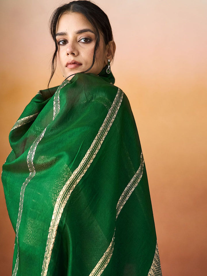 KALINI Ethnic Motifs Embroidered V-Neck Straight Kurta With Trousers & Dupatta