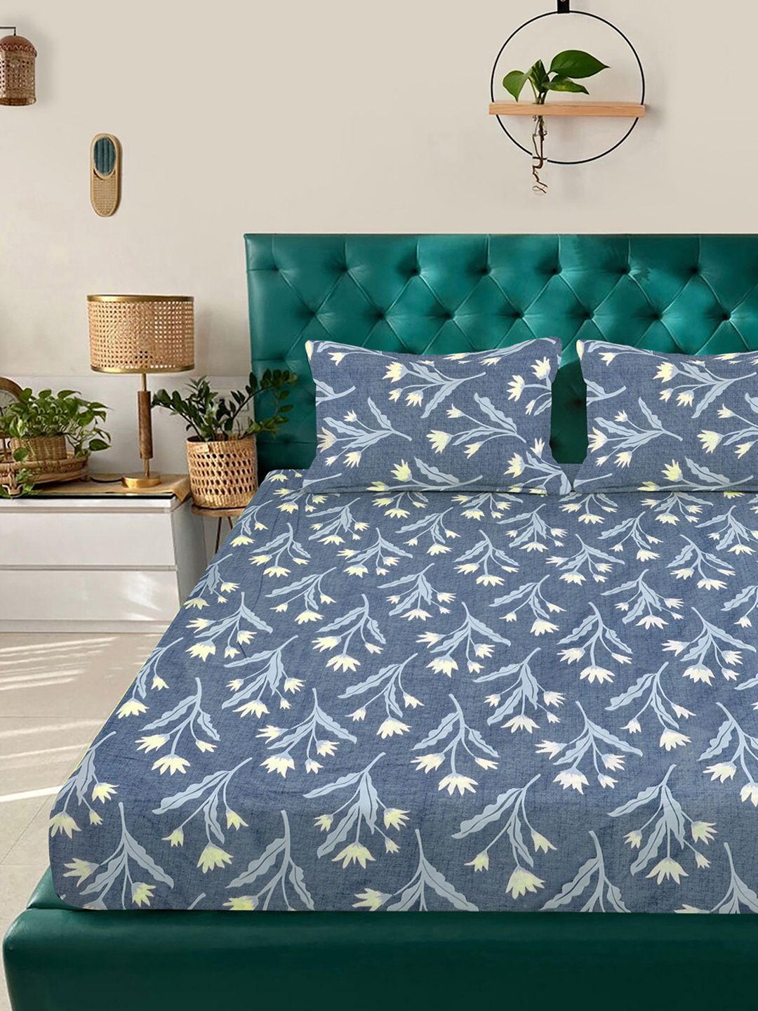 KLOTTHE Blue Floral Printed Dilengkapi 300 TC Blend King Cadar & 2 Sarung Bantal