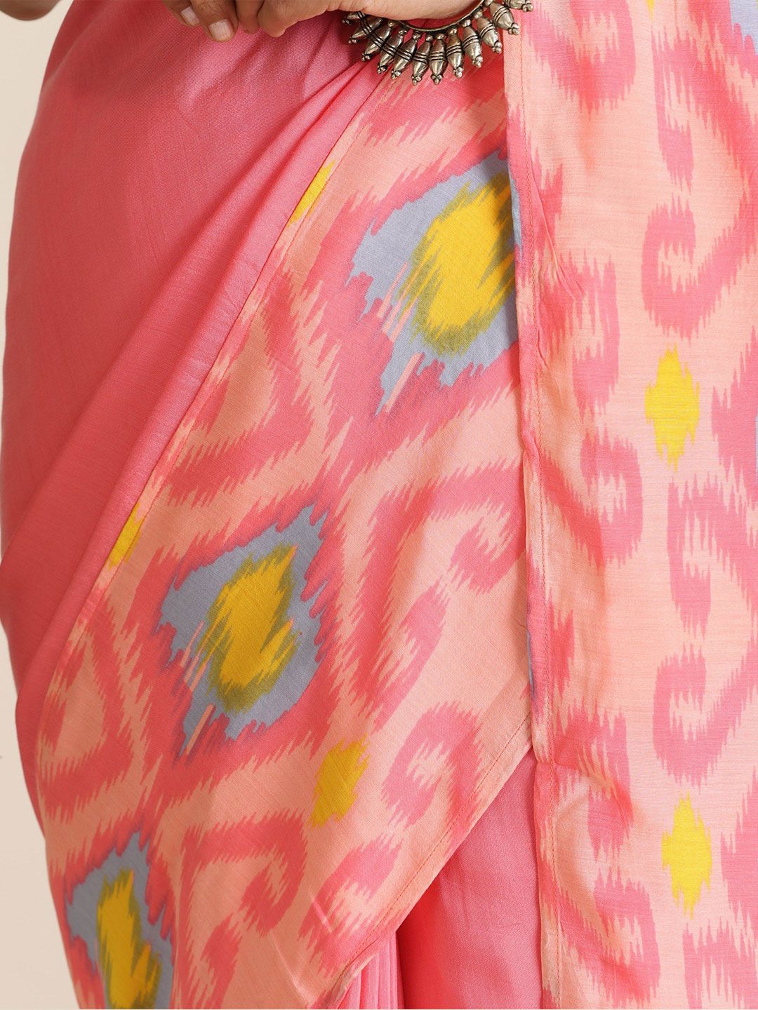 trueBrowns Pink Lime Muslin Ikat Saree
