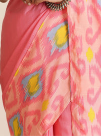 trueBrowns Pink Lime Muslin Ikat Saree