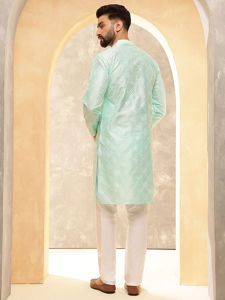 Anouk Sea Green Geometric Embroidered Mandarin Collar Straight Kurta With Pyjamas