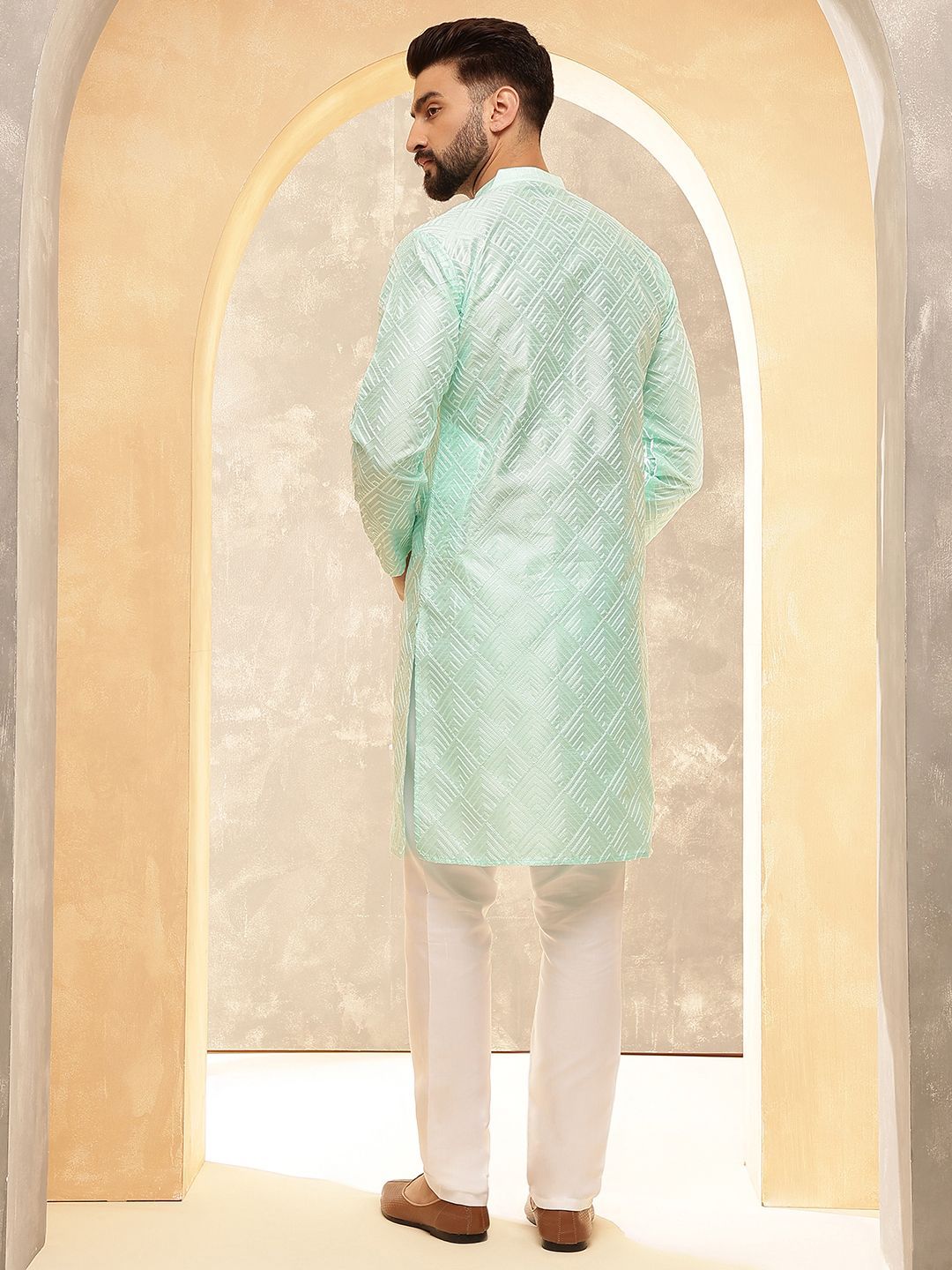 Anouk Sea Green Geometric Embroidered Mandarin Collar Straight Kurta With Pyjamas