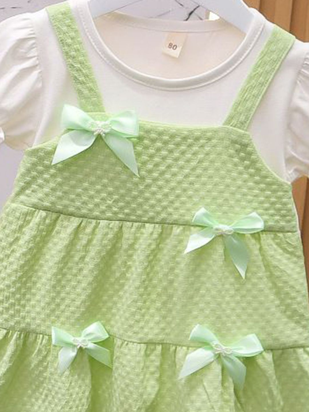 YK Girls Self Design Round Neck Bow Detail Pinafore Dress