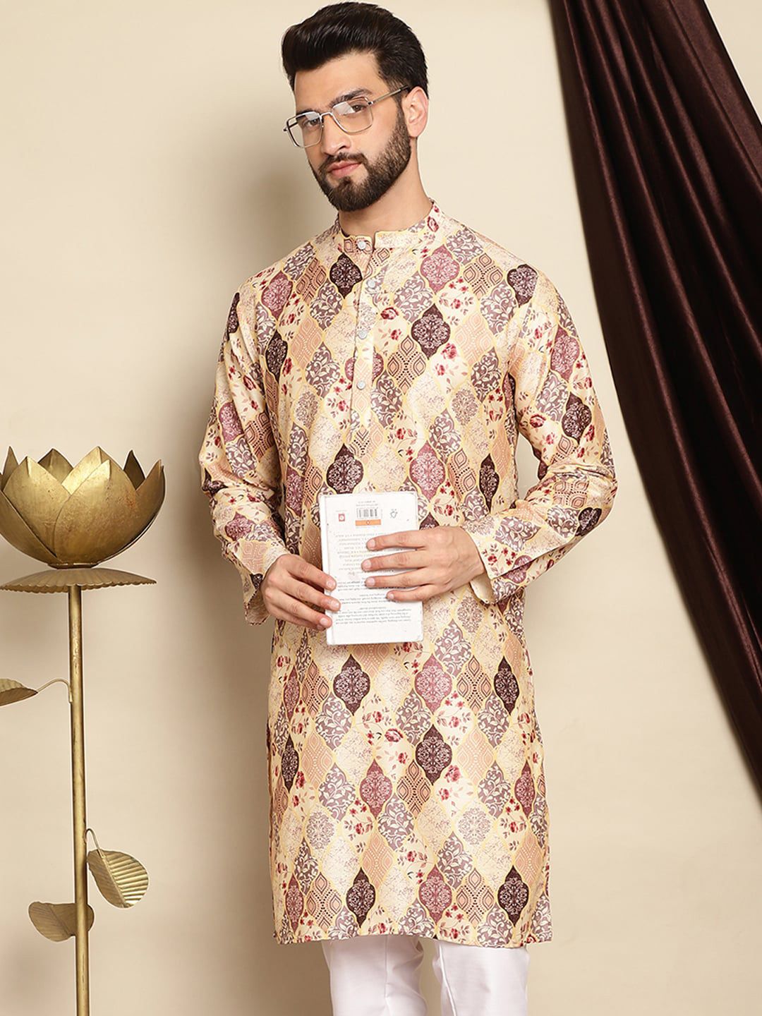 Kurta Lurus Kolar Mandarin Bercetak Motif Etnik Anouk