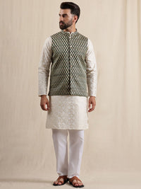 Motif Etnik Anouk Bersulam Kolar Mandarin Kurta Jodhpuri Dengan Piyama & Jaket Nehru