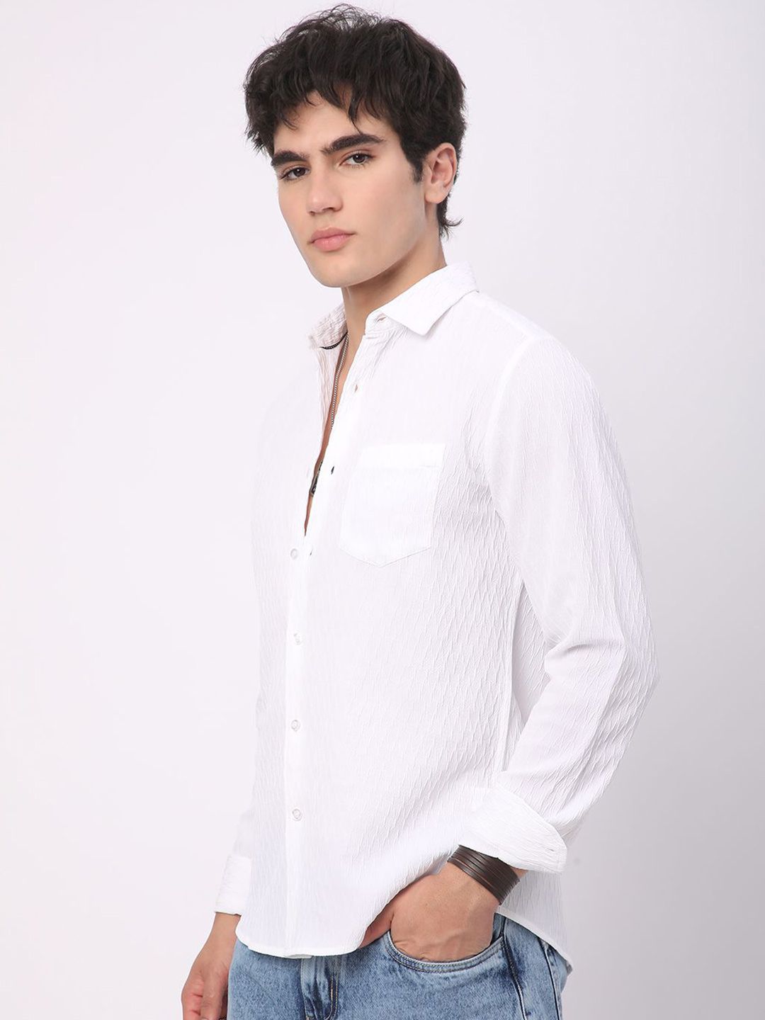 VASTRADO Men Classic Spread Collar Textured Slim Fit Casual Shirt
