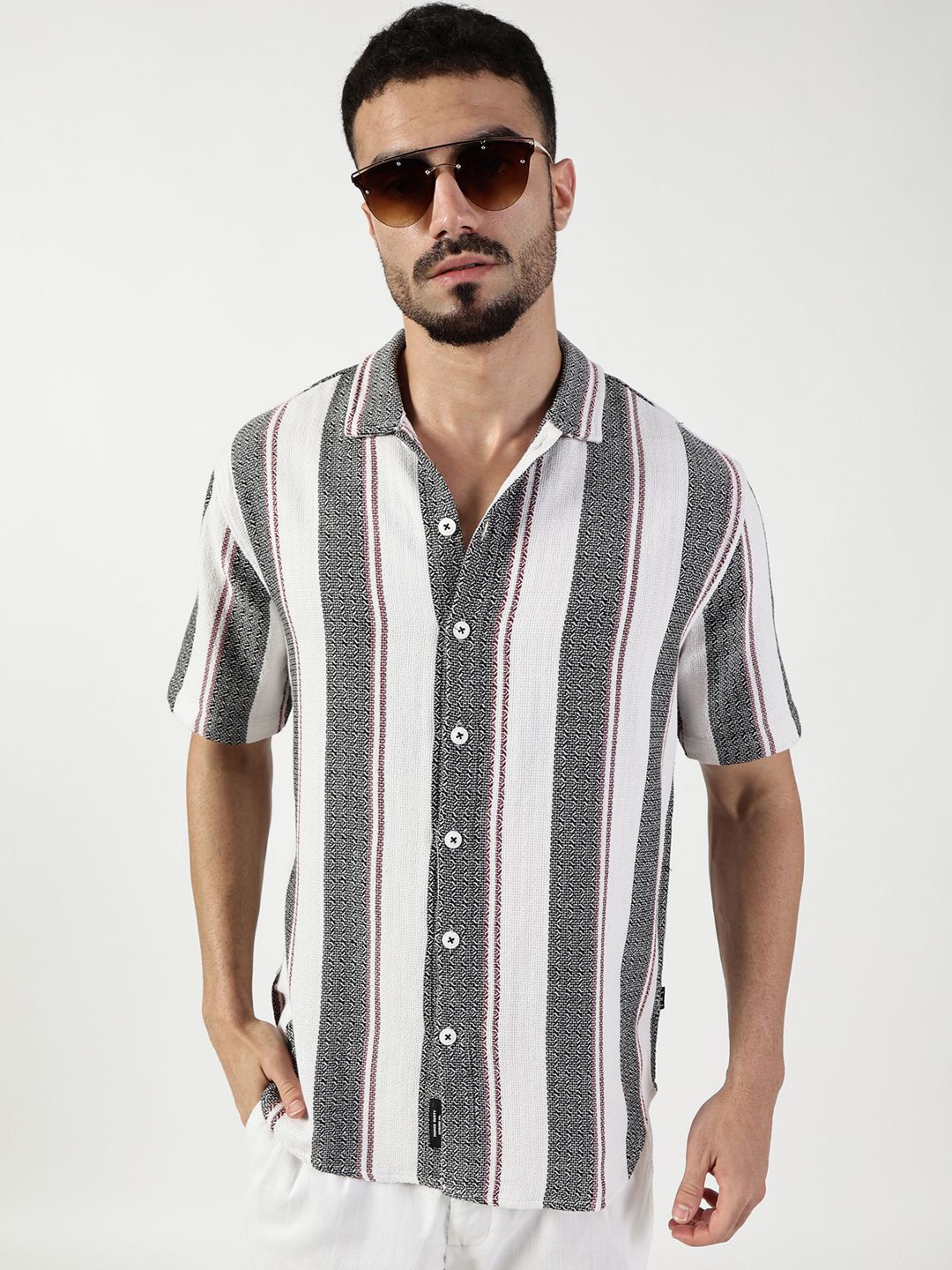 Thomas Scott Men Premium Spread Collar Vertical Striped Cotton Slim Fit Casual Shirt
