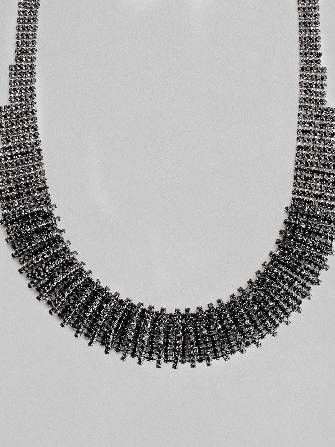 Rubans Rhodium Plated Black Oxidized Rhinestone Studded Statement Choker Necklace