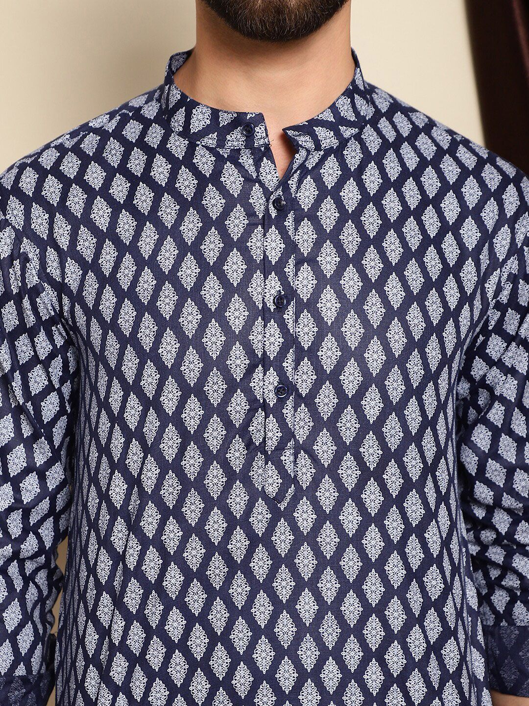 Anouk Navy Blue Ethnic Motifs Printed Band Collar Short Kurta