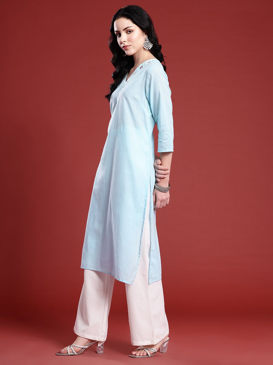 Anouk Mirror Work Straight Pure Cotton Kurta