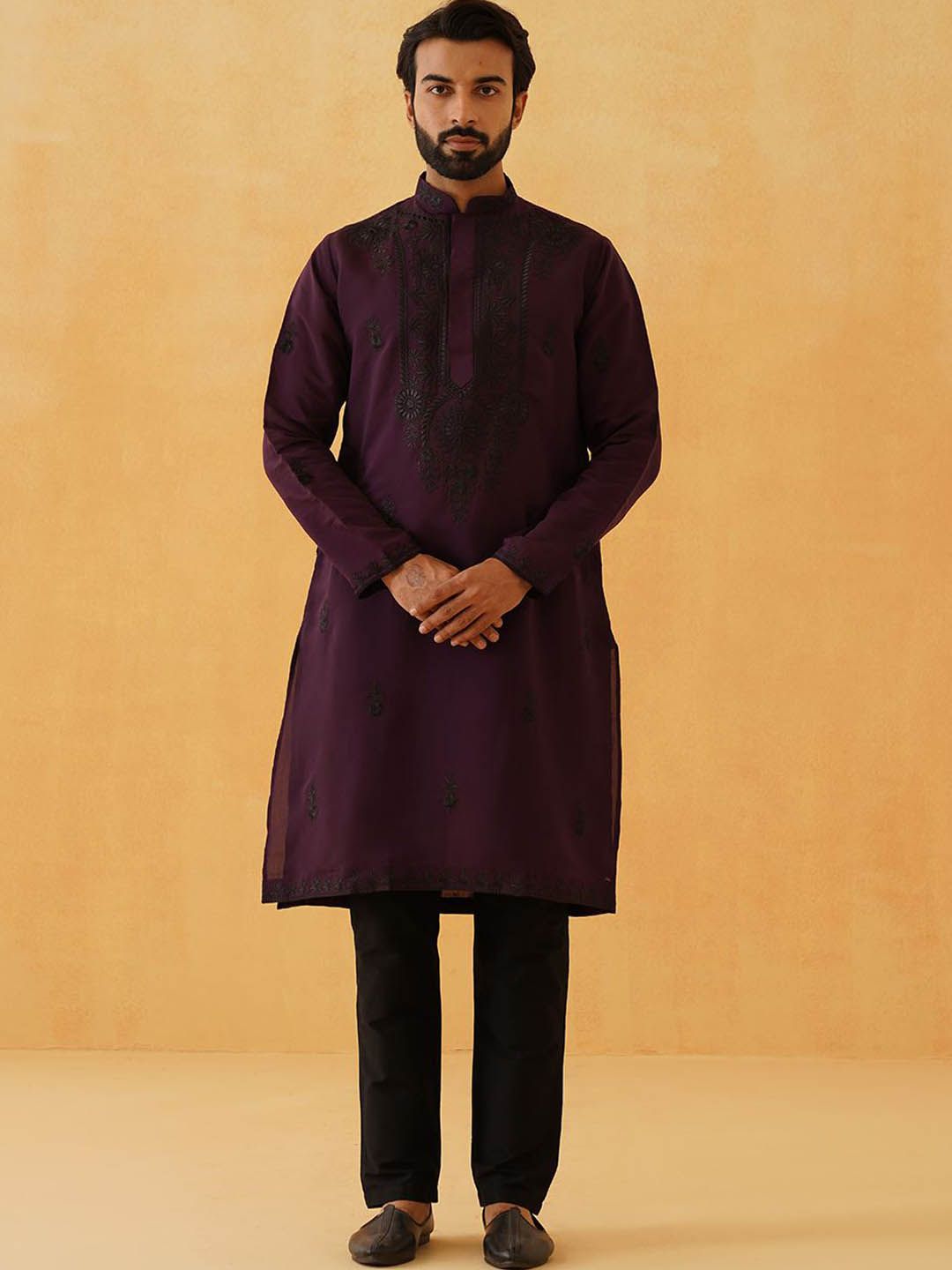SOJANYA LUXE Motif Etnik Benang Bersulam Bekerja Kurta Lurus Dengan Seluar