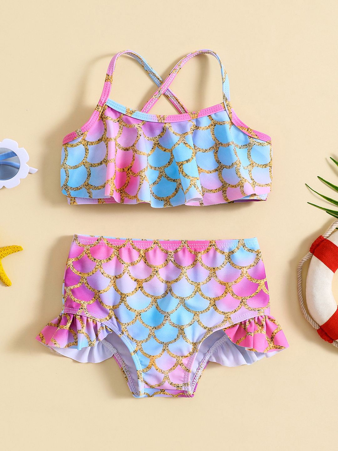 YK Girls Dicetak Top & Shorts Swim Set