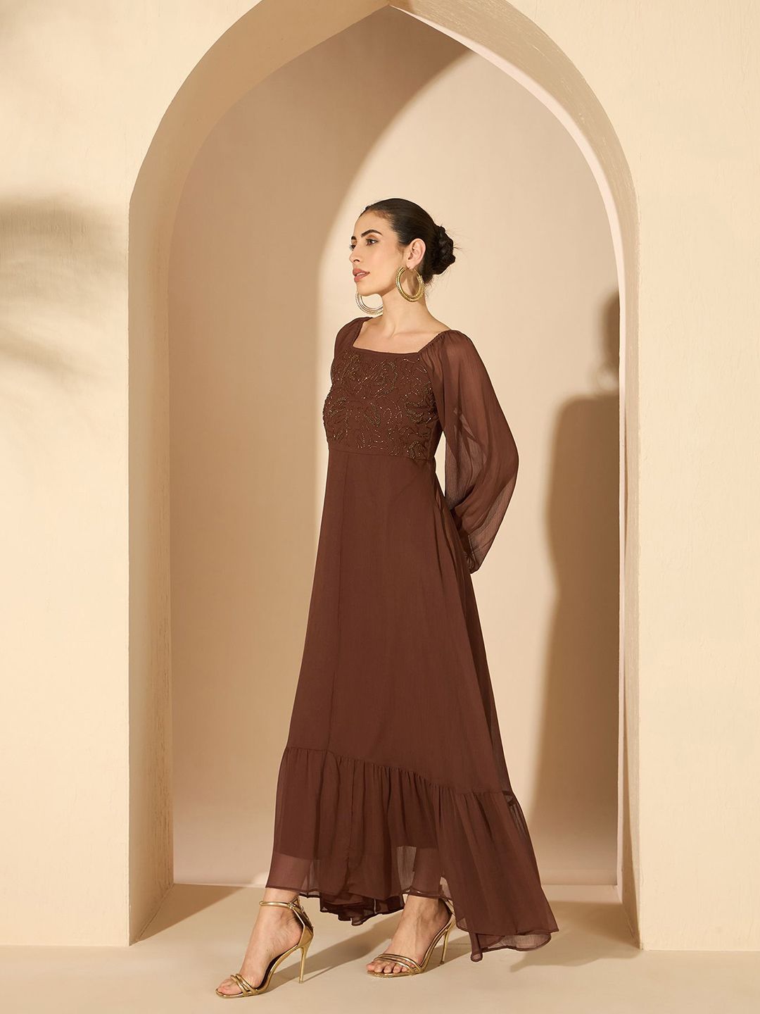 Antheaa Women Embellished Ruffles Maxi Dress