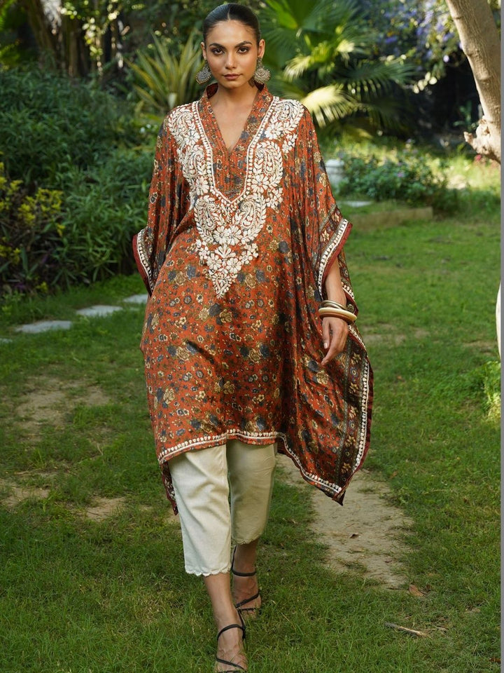 House of Chikankari Women Printed Chikankari Crepe Kaftan Kurta