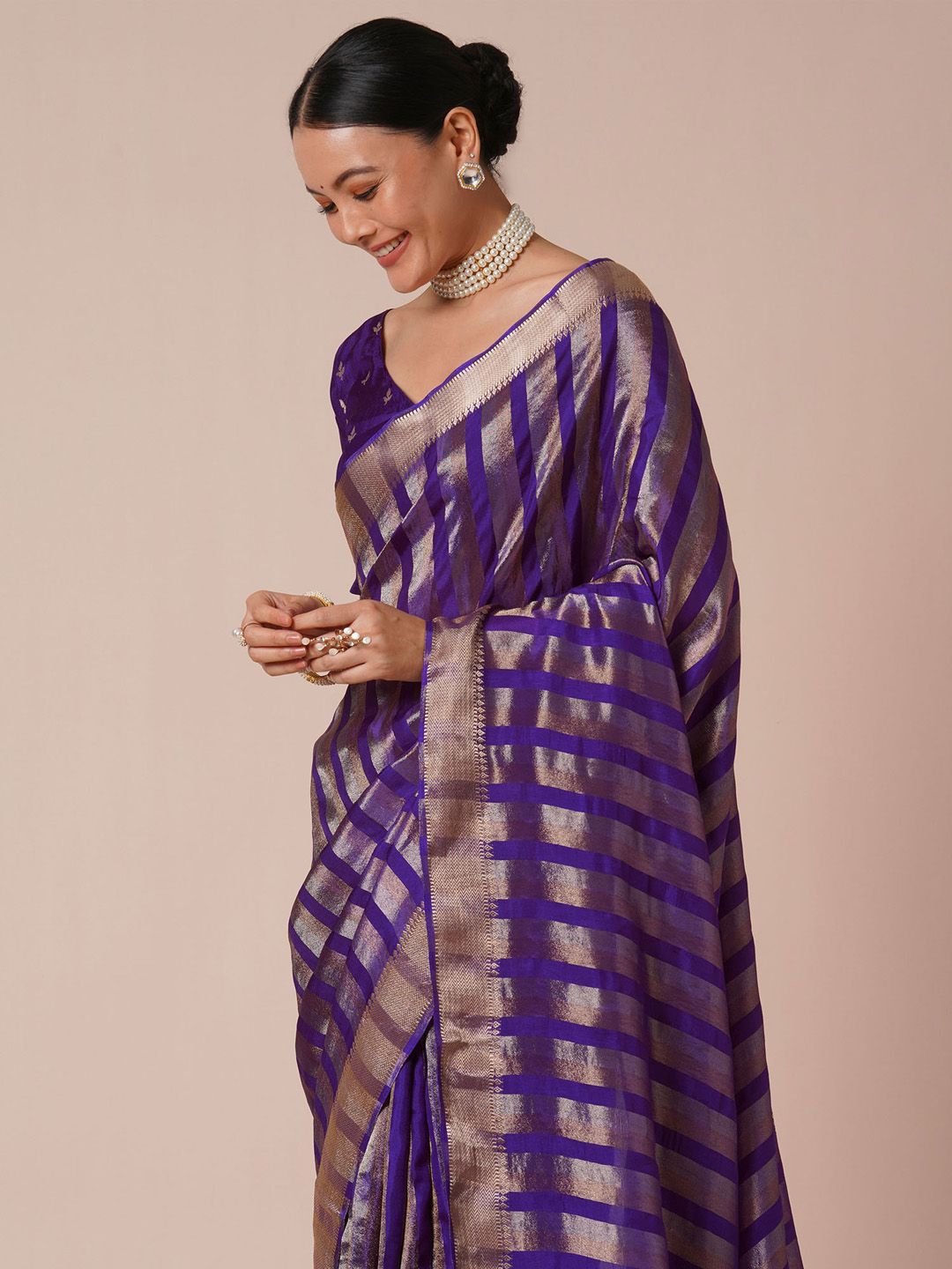 House of Pataudi Striped Woven Design Zari Banarasi Saree