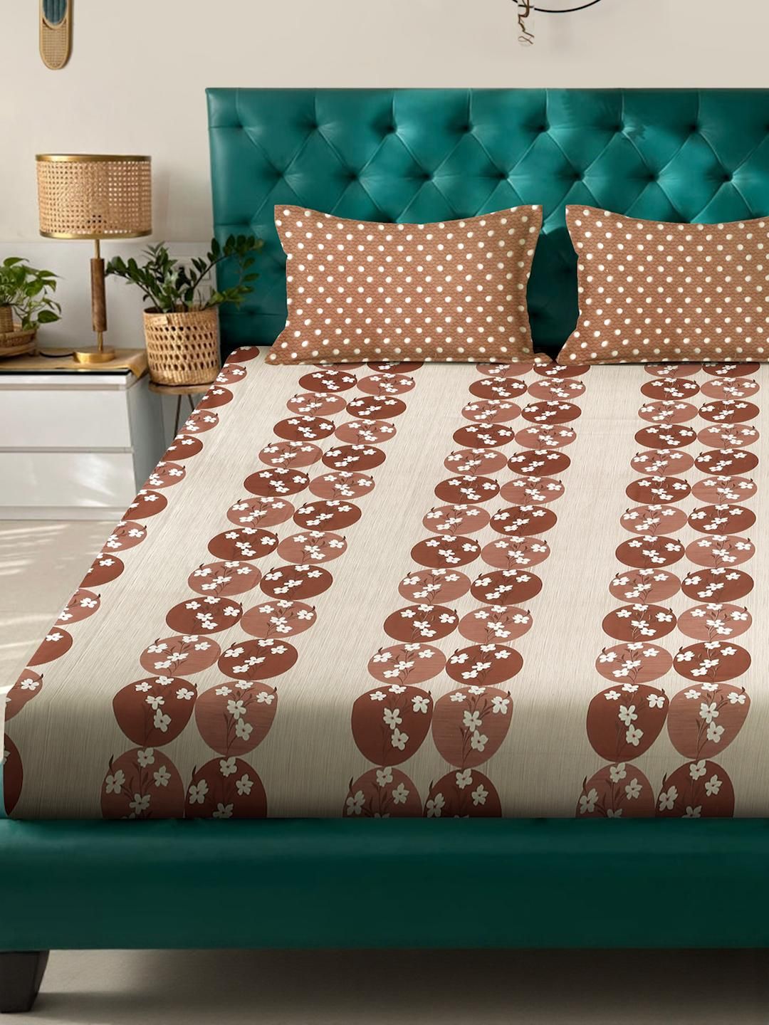 KLOTTHE Coklat & Putih Kapas Bercetak Bunga 400 TC Set Cadar King 2.5 m x 2.25 m