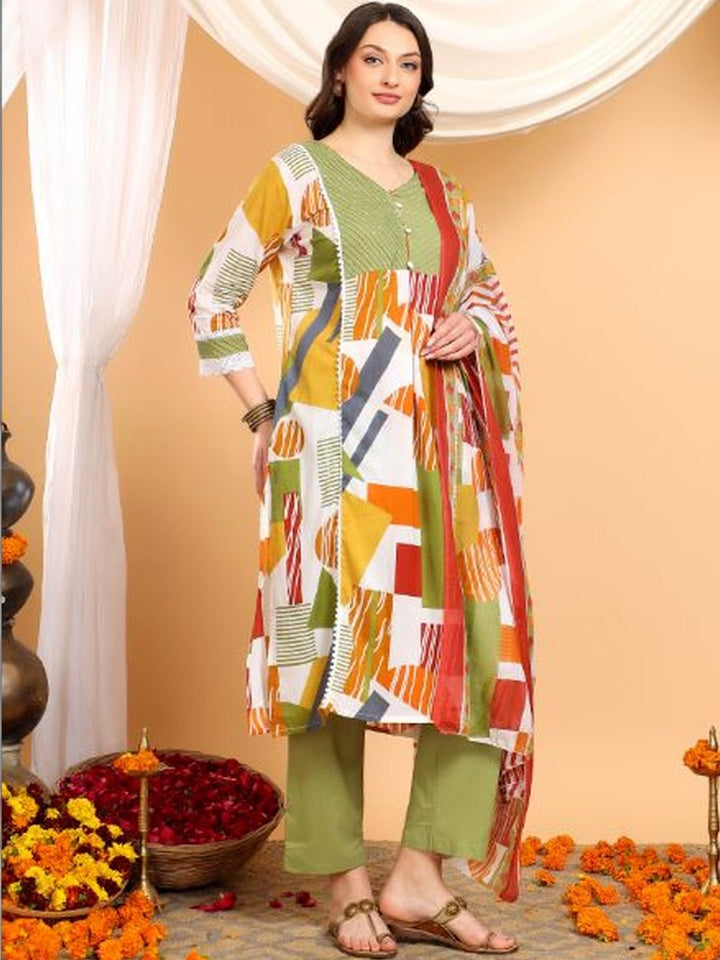 Mamicha Women Printed Pure Cotton Kurta with Trousers & With Dupatta