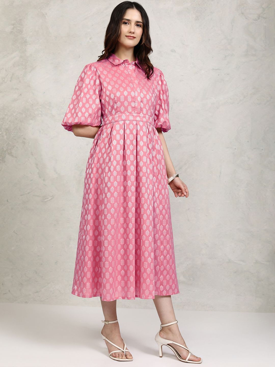 Vishudh Ethnic Motifs Cotton Puff Sleeve Shirt Midi Dress