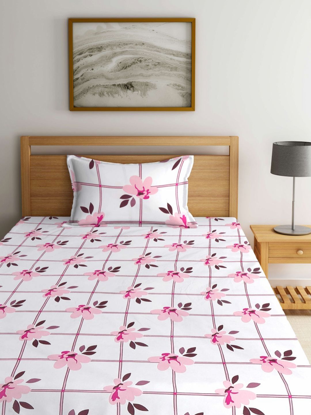 Myntra Elegant Homes White Floral Polycotton 300 TC Single Fine Bedsheet with a Pillow Cover-89 x 59 inches
