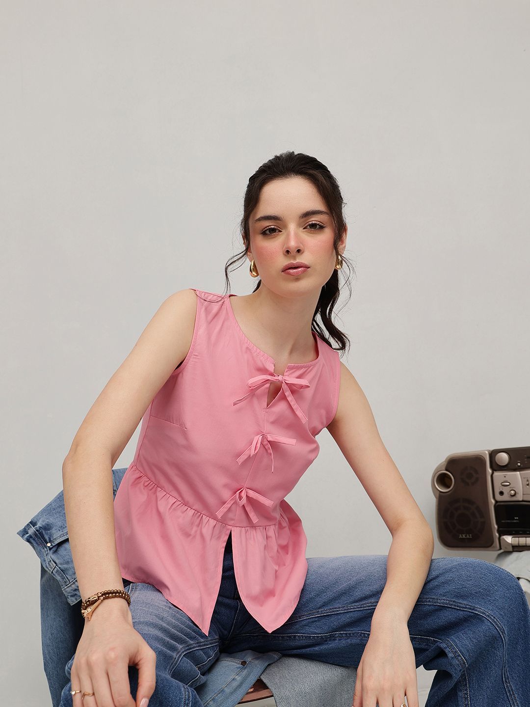 STREET 9 Women Tie-Up Neck Cotton Peplum Top