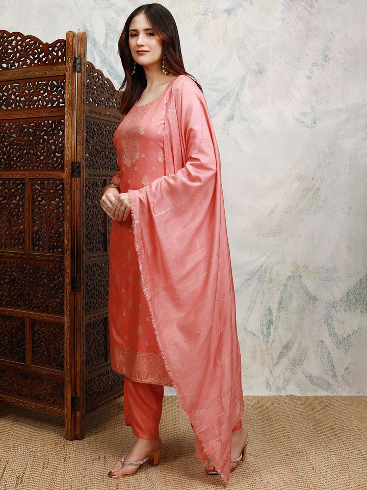 Vishudh Floral Printed Round Neck Straight Kurta with Trousers & Dupatta