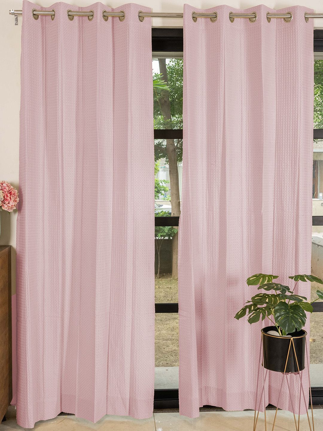 URBAN SPACE Waffle Pink 2 Pieces Cotton Long Door Curtains