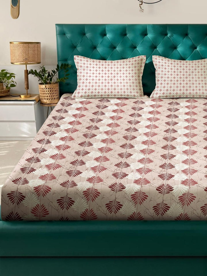 KLOTTHE Beige & Brown Floral Printed Cotton 400 TC King Bedsheet Sets 2.5 m x 2.25 m