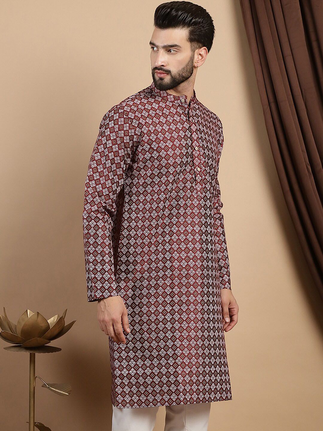 Anouk Geometric Woven Design Mandarin Collar A-Line Kurta