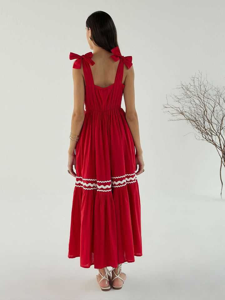 Pink Paprika by SASSAFRAS Women Solid Tie-Up Neck Fit & Flare Maxi Dress