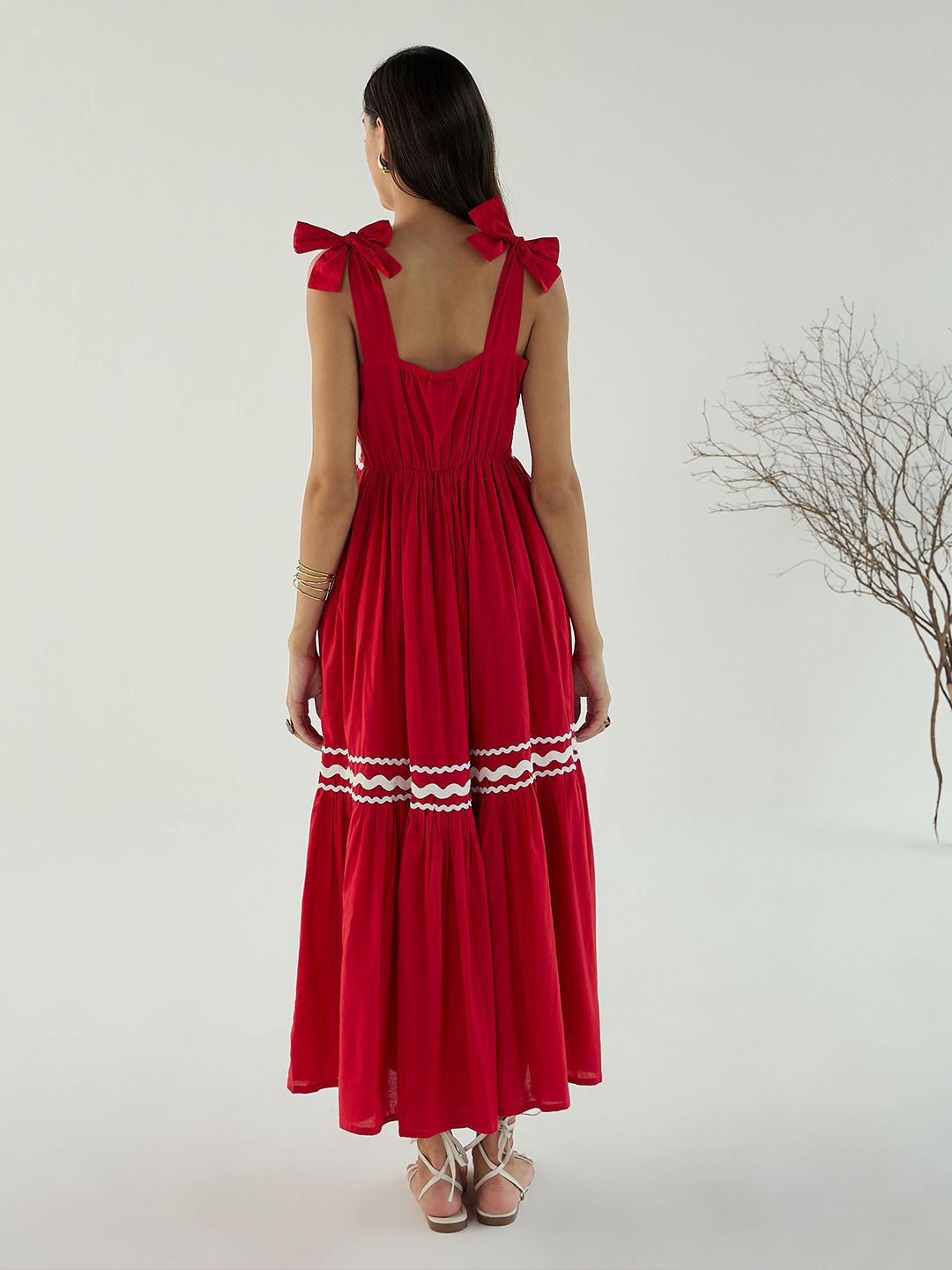 Pink Paprika by SASSAFRAS Women Solid Tie-Up Neck Fit & Flare Maxi Dress