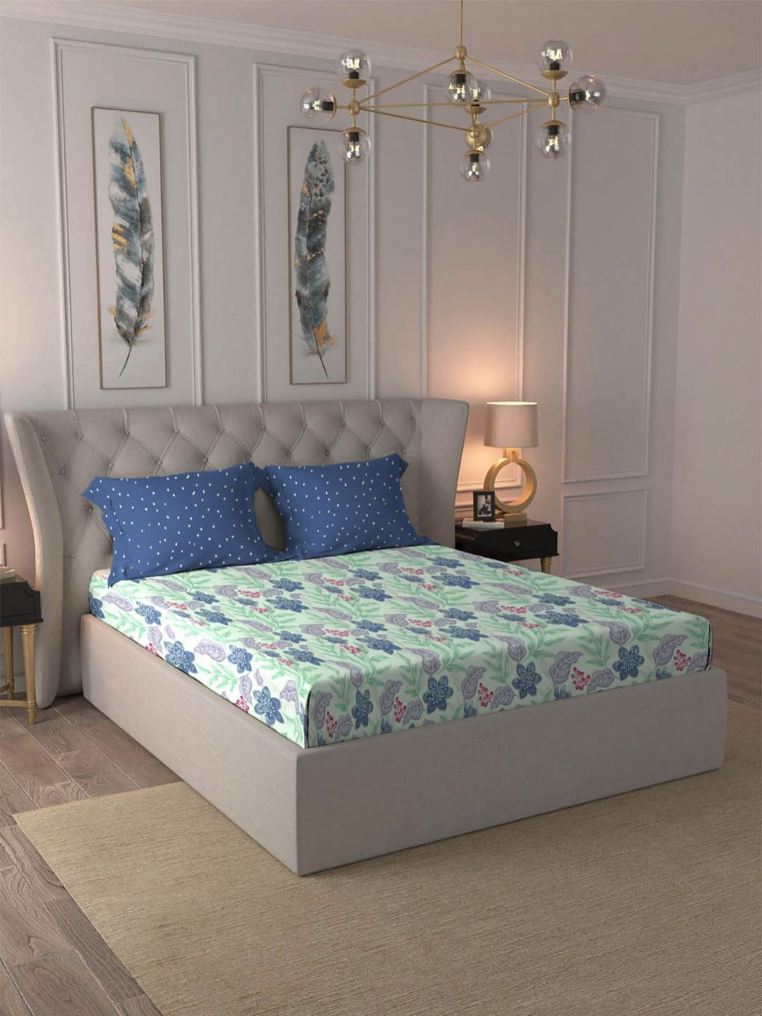 MYTRIDENT Glitter Blue Dusk & Dawn Flat 144TC Queen Cotton 1 Bedsheet with 2 Pillow Covers