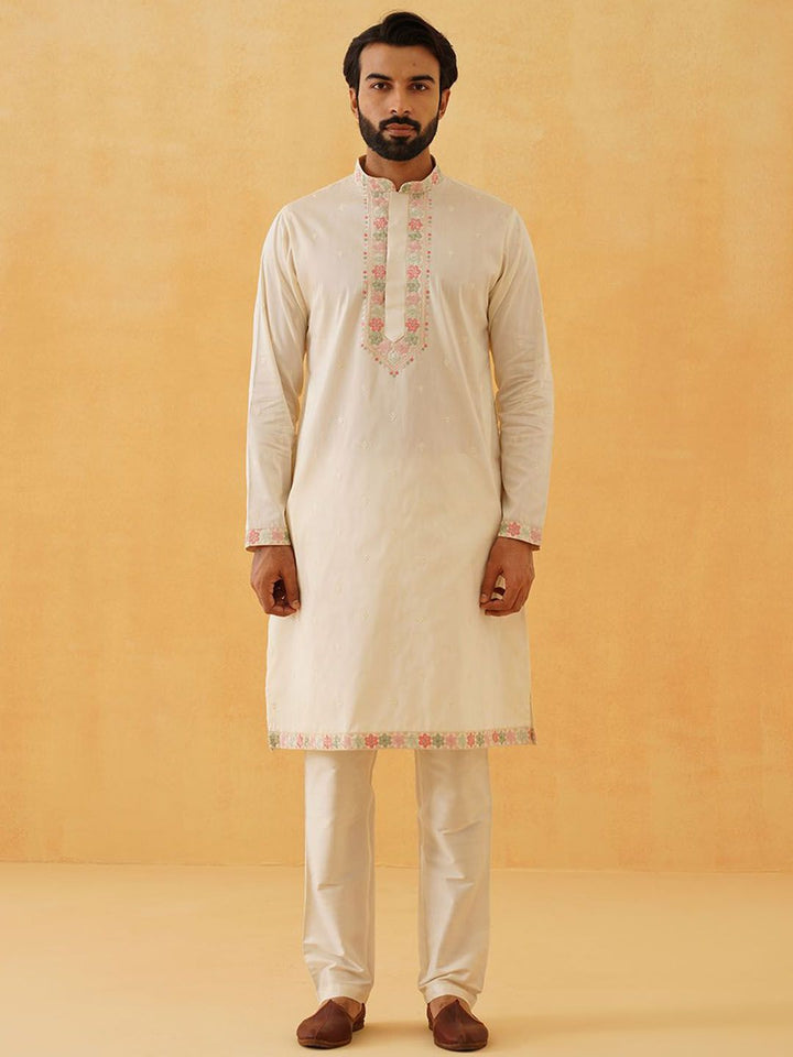 SOJANYA LUXE Floral Embroidered Thread Work Cotton Silk Kurta With Trousers & Nehru jacket