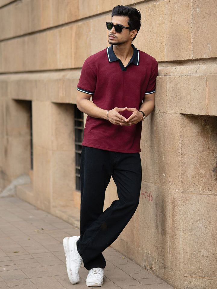 Powerlook Men Wine Contrast Collar T-Shirt